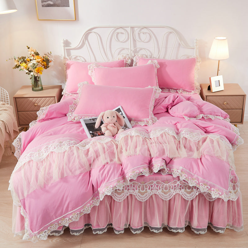 Falda de cama estilo coreano de princesa con diseño de viento, funda nórdica de encaje de cuatro piezas, colcha