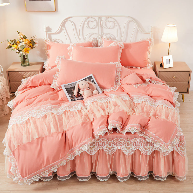 Falda de cama estilo coreano de princesa con diseño de viento, funda nórdica de encaje de cuatro piezas, colcha
