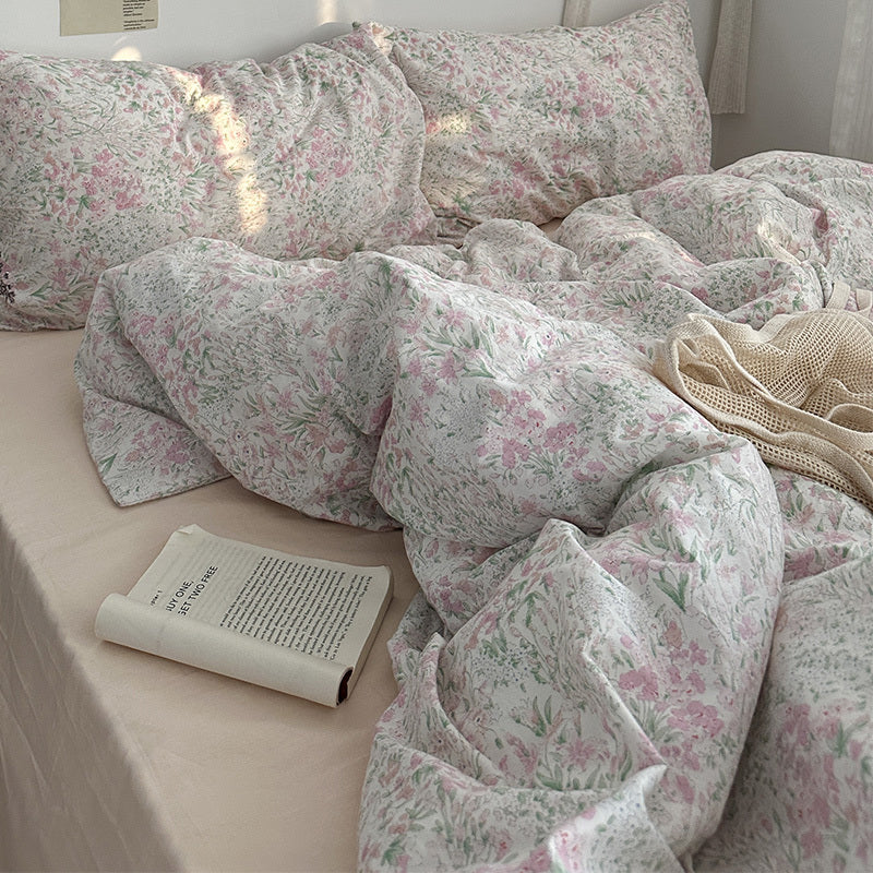 Juego de cama de algodón con estampado floral de jardín, 4 piezas, para niña, de verano