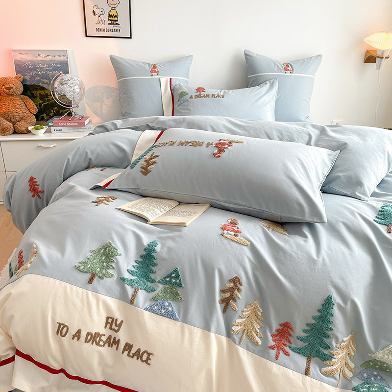 Toalla tridimensional bordada de algodón lijado de cuatro piezas estilo dibujos animados otoño e invierno engrosamiento de algodón para niños ropa de cama al por mayor