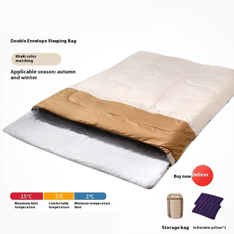 Saco de dormir doble para adultos, para acampar al aire libre, grueso, cálido y resistente al frío, de doble uso