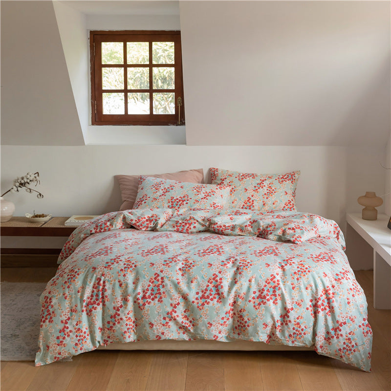 Ensemble de quatre pièces de literie en coton à motif floral rétro coréen