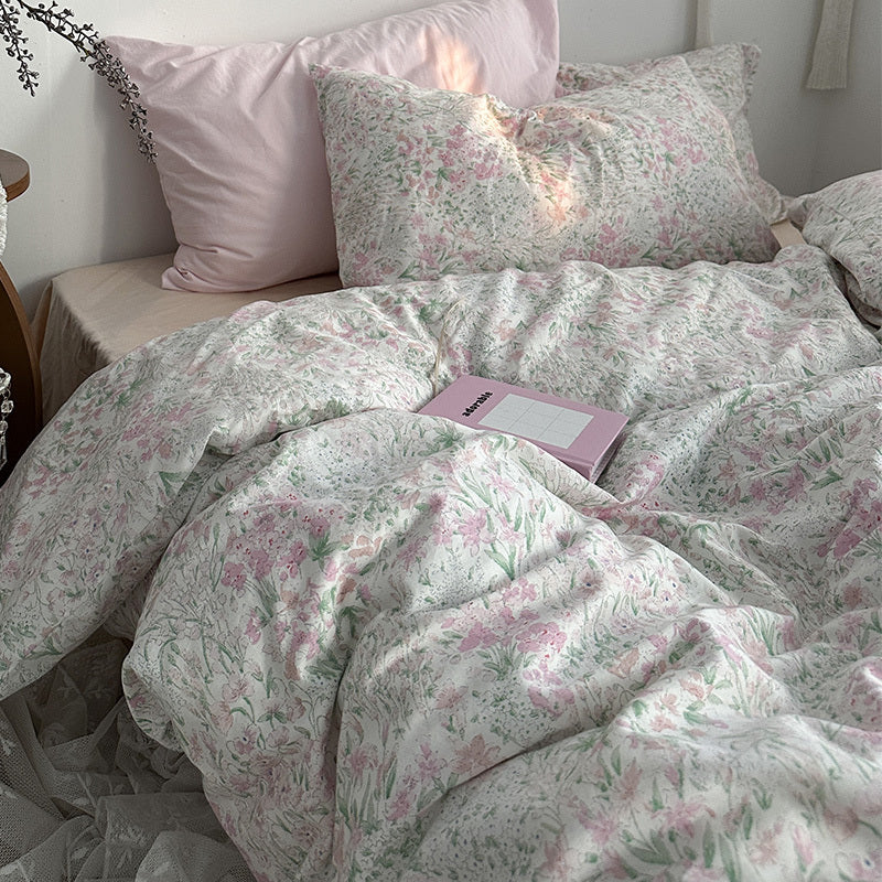 Juego de cama de algodón con estampado floral de jardín, 4 piezas, para niña, de verano