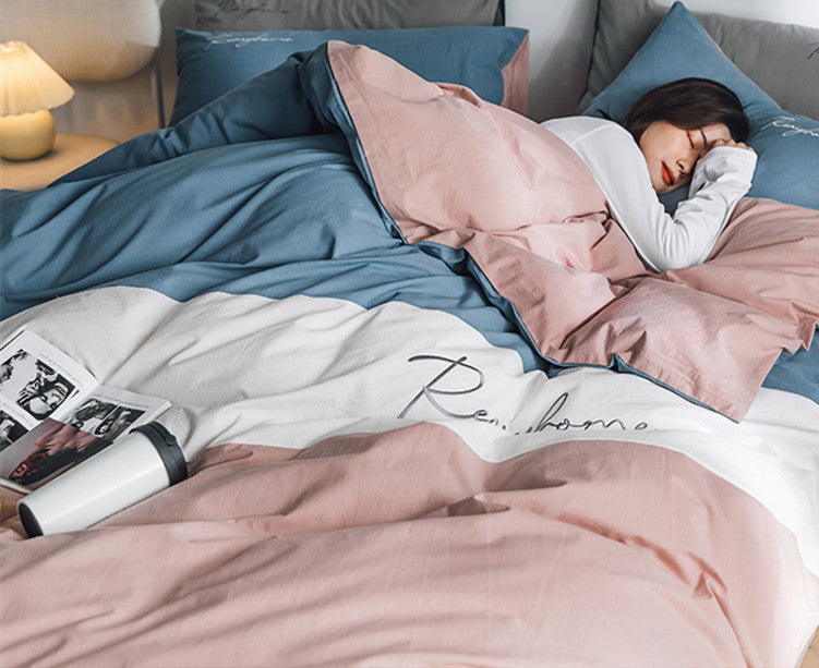 Sábana de algodón lavado de cuatro piezas para cama doble individual