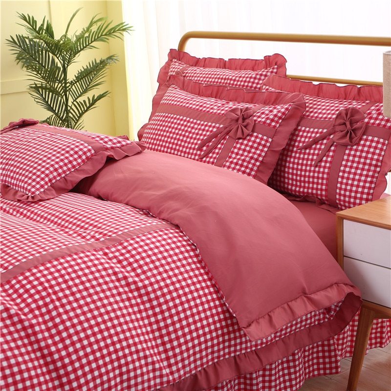 Korean style lace four-piece plaid pastoral princess style