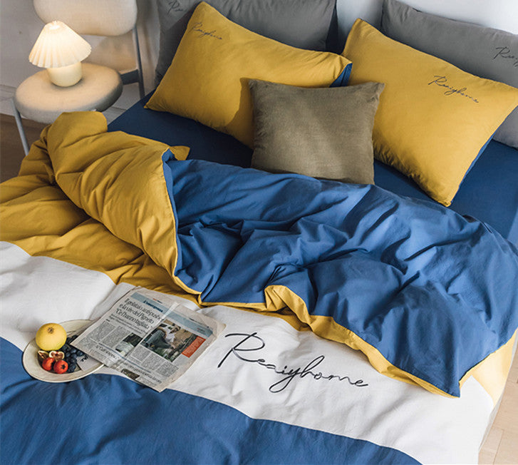 Sábana de algodón lavado de cuatro piezas para cama doble individual