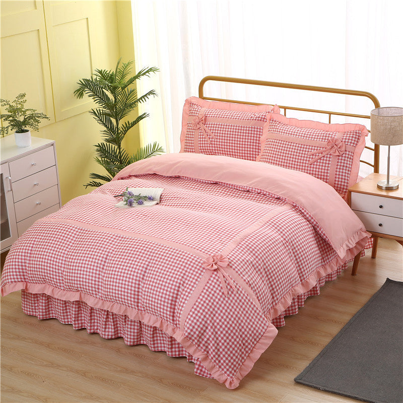 Korean style lace four-piece plaid pastoral princess style
