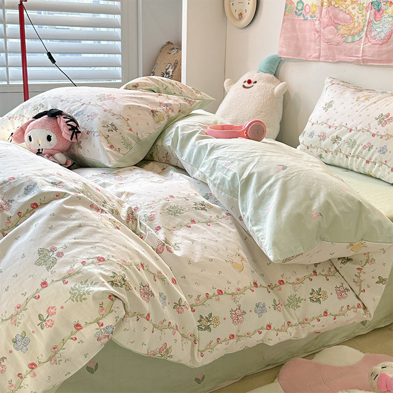 Juego de cama de cuatro piezas de algodón puro para dormitorio de estudiantes con funda nórdica y sábanas