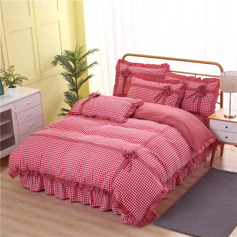 Korean style lace four-piece plaid pastoral princess style