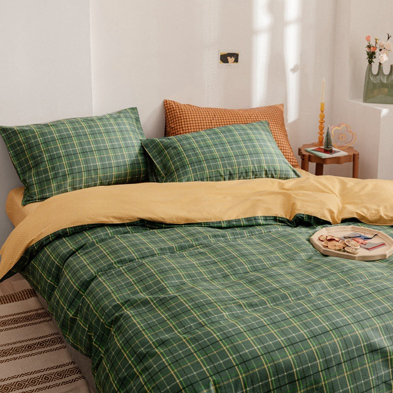 Cotton Four Piece Simple Quilt Cover Men Plaid Dormitory Ssingle Quilt Cover Three 4-Piece Bed Sheet Jane