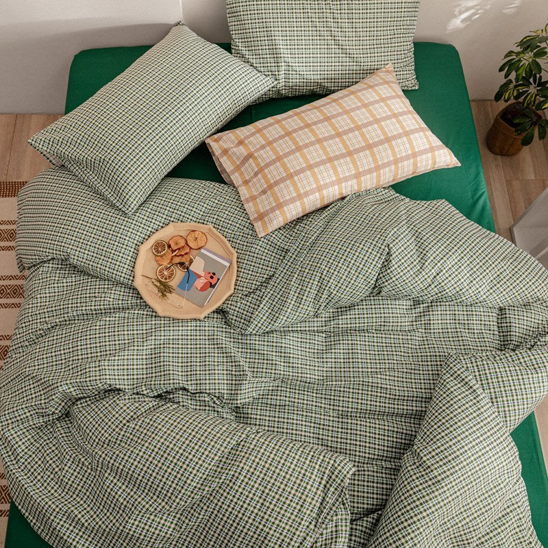 Cotton Four Piece Simple Quilt Cover Men Plaid Dormitory Ssingle Quilt Cover Three 4-Piece Bed Sheet Jane