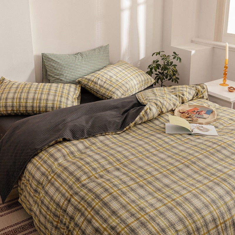Cotton Four Piece Simple Quilt Cover Men Plaid Dormitory Ssingle Quilt Cover Three 4-Piece Bed Sheet Jane