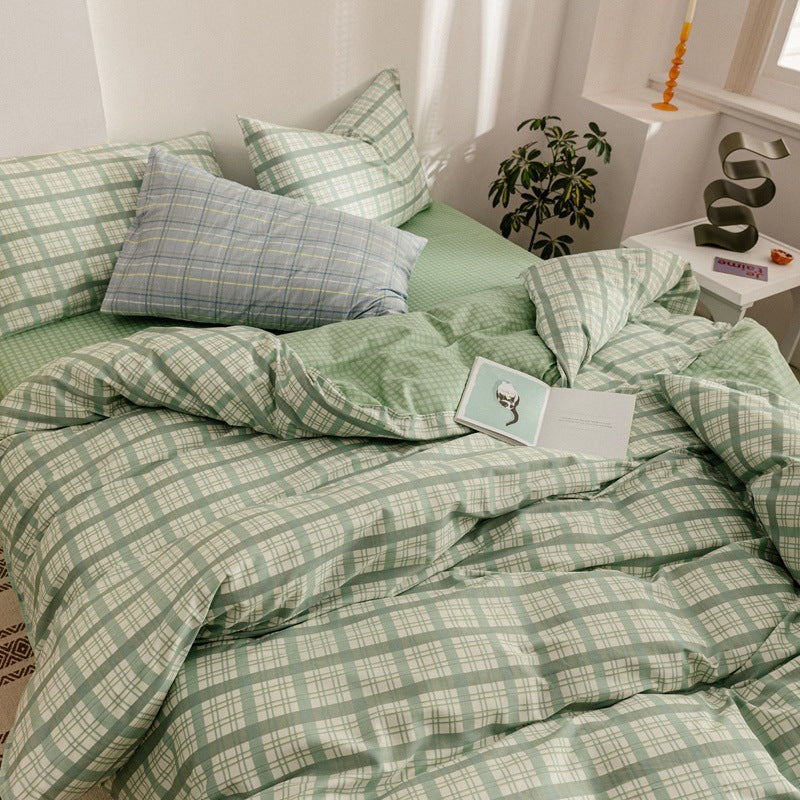 Cotton Four Piece Simple Quilt Cover Men Plaid Dormitory Ssingle Quilt Cover Three 4-Piece Bed Sheet Jane