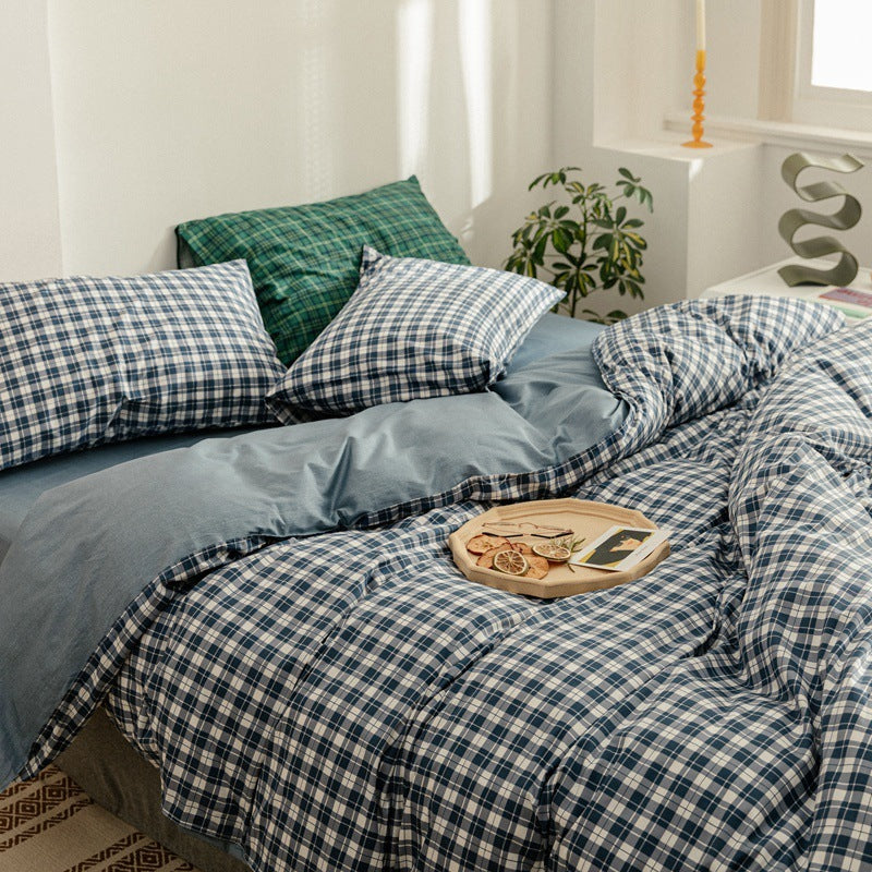 Cotton Four Piece Simple Quilt Cover Men Plaid Dormitory Ssingle Quilt Cover Three 4-Piece Bed Sheet Jane