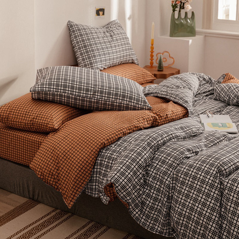 Cotton Four Piece Simple Quilt Cover Men Plaid Dormitory Ssingle Quilt Cover Three 4-Piece Bed Sheet Jane