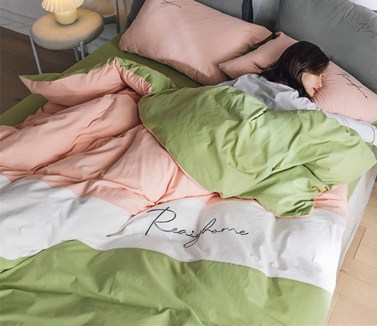 Sábana de algodón lavado de cuatro piezas para cama doble individual