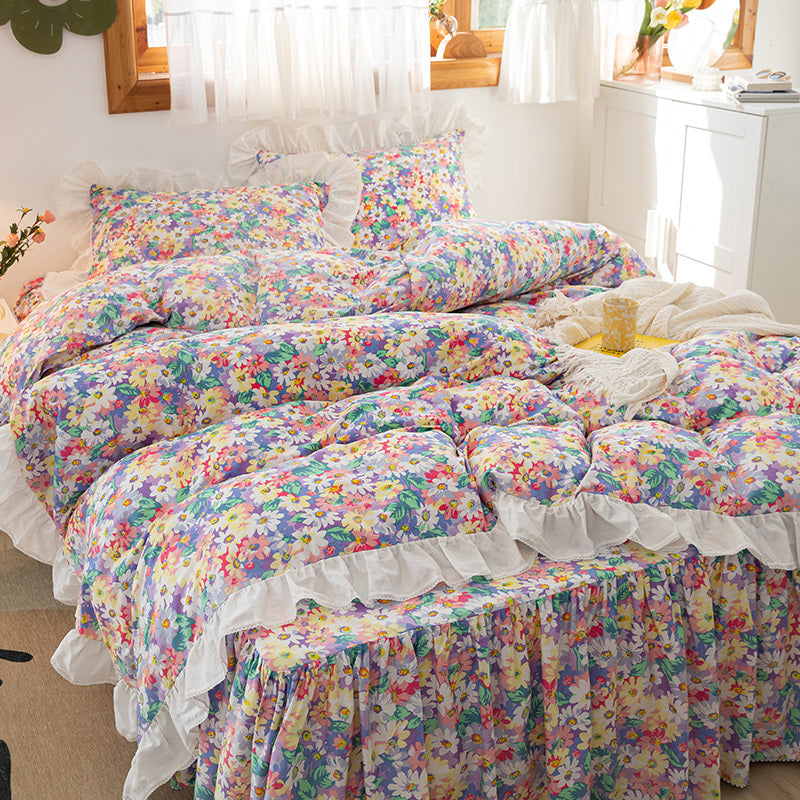 Juego de cuatro faldas de cama con estampado floral pequeño, versión coreana