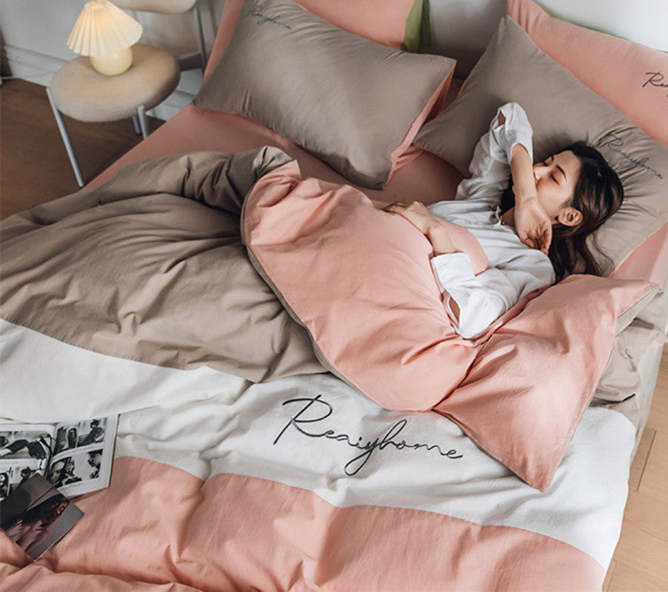 Sábana de algodón lavado de cuatro piezas para cama doble individual