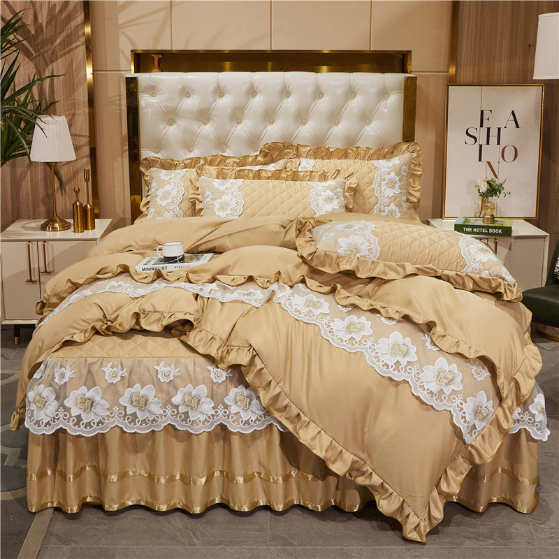 Falda de cama de encaje estilo princesa de Tencel, traje de cuatro piezas