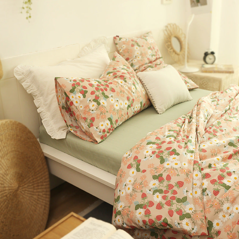 Juego de cama de algodón de cuatro piezas y funda nórdica floral de tres piezas