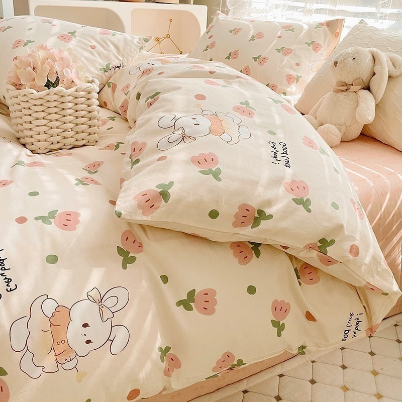 Juego de cama de cuatro piezas de algodón puro para dormitorio de estudiantes con funda nórdica y sábanas