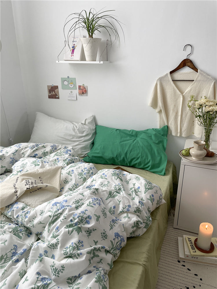 Juego de cama de algodón con estampado floral pequeño, estilo coreano, cuatro piezas