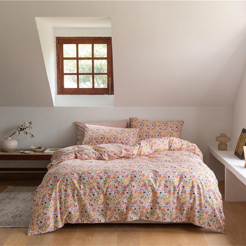 Ensemble de quatre pièces de literie en coton à motif floral rétro coréen