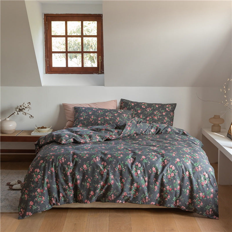 Ensemble de quatre pièces de literie en coton à motif floral rétro coréen