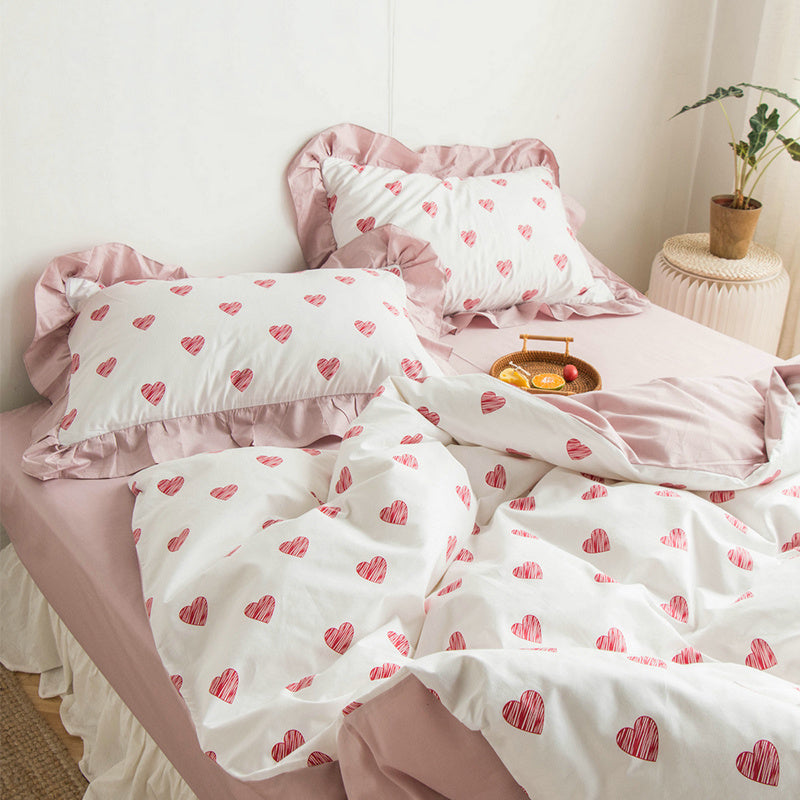 Ensemble de quatre pièces avec housse de couette et drap motif amour coréen
