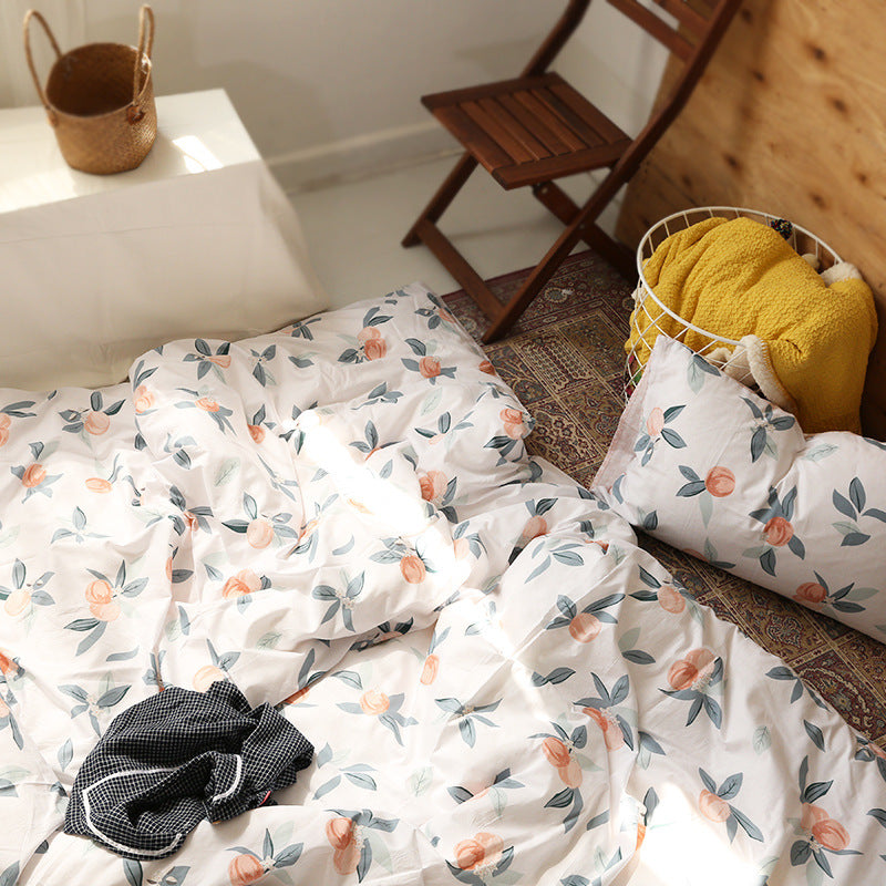 Juego de cama de algodón de cuatro piezas y funda nórdica floral de tres piezas