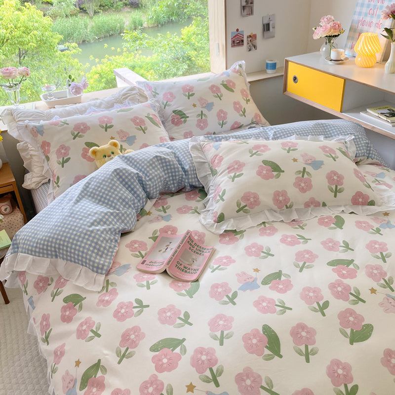 Cama pequeña de algodón floral de cuatro piezas estilo princesa
