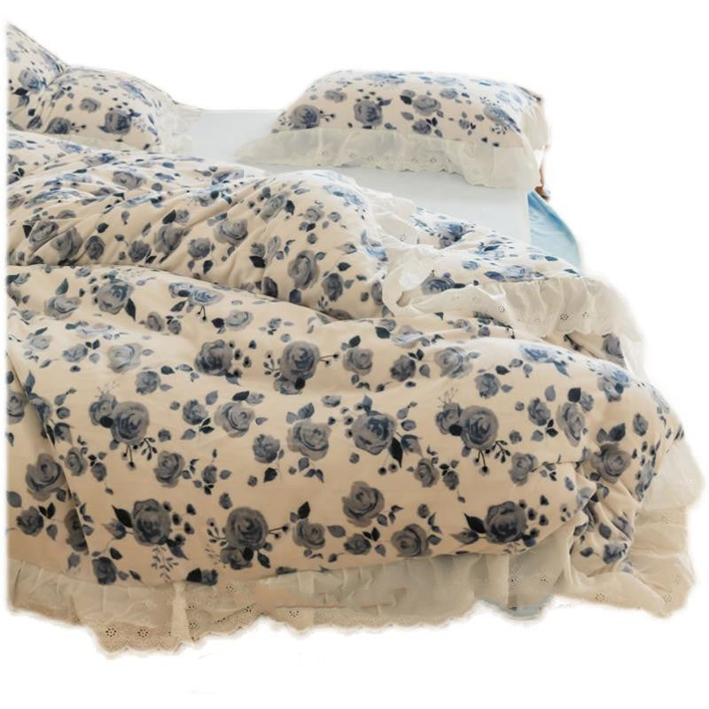 Conjunto cálido de cuatro piezas engrosado de rosa francesa para otoño e invierno