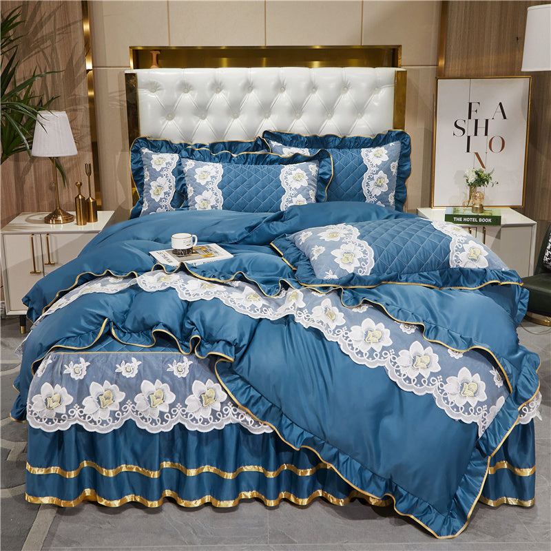 Falda de cama de encaje estilo princesa de Tencel, traje de cuatro piezas