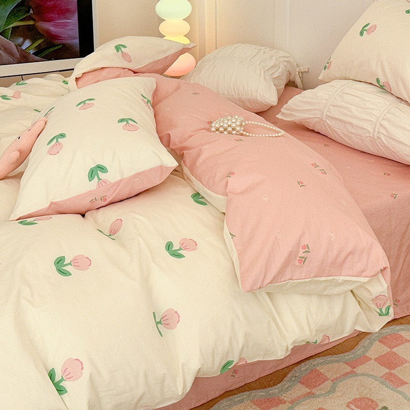 Juego de cama de cuatro piezas de algodón puro para dormitorio de estudiantes con funda nórdica y sábanas