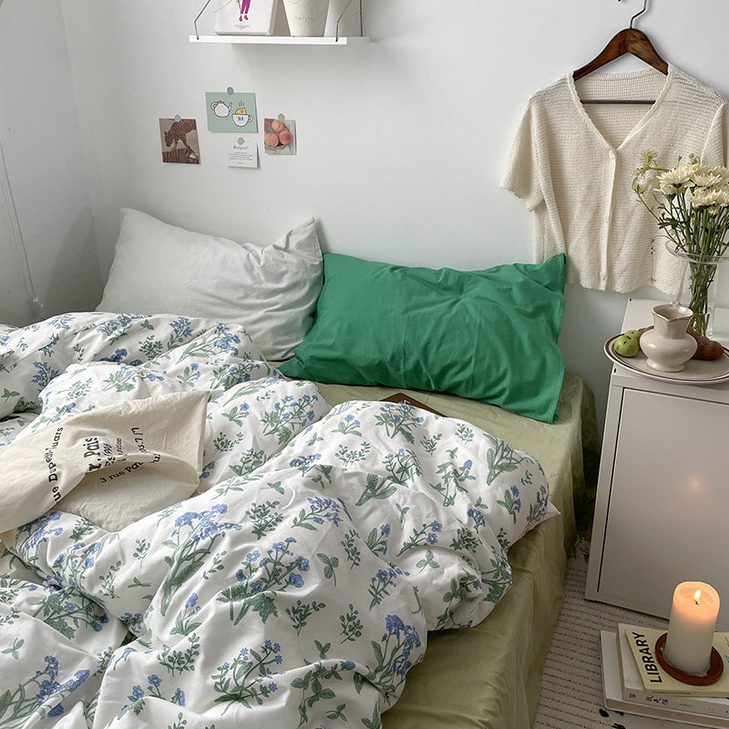 Juego de cama de algodón con estampado floral pequeño, estilo coreano, cuatro piezas