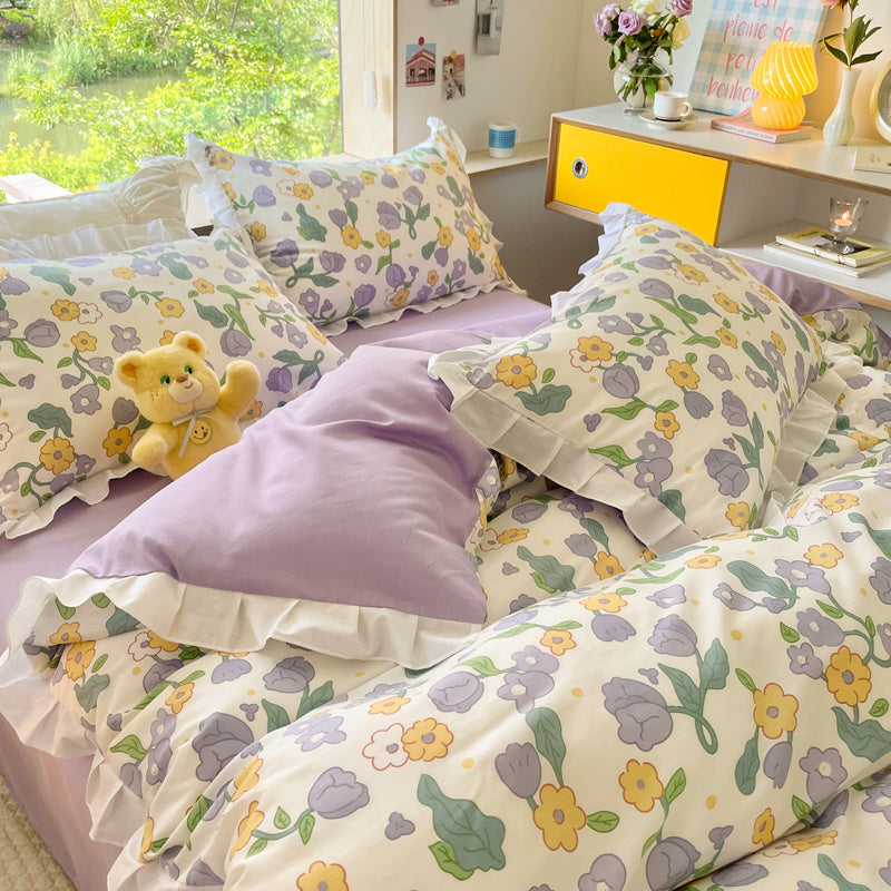 Cama pequeña de algodón floral de cuatro piezas estilo princesa