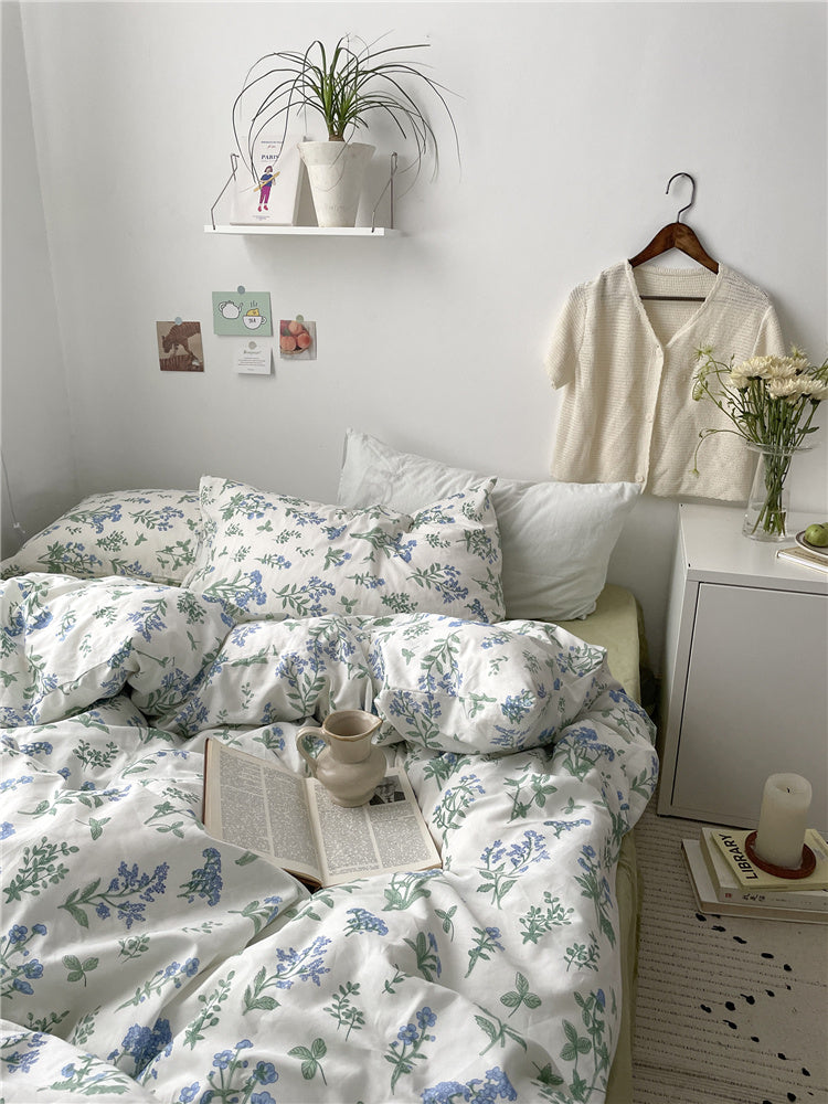Juego de cama de algodón con estampado floral pequeño, estilo coreano, cuatro piezas