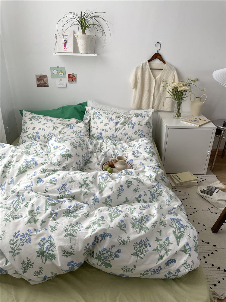 Juego de cama de algodón con estampado floral pequeño, estilo coreano, cuatro piezas