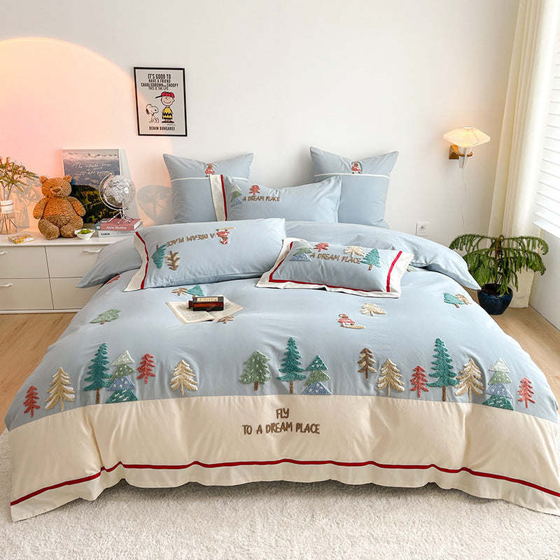 Toalla tridimensional bordada de algodón lijado de cuatro piezas estilo dibujos animados otoño e invierno engrosamiento de algodón para niños ropa de cama al por mayor