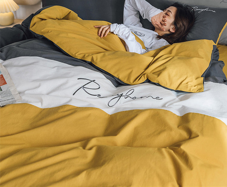 Sábana de algodón lavado de cuatro piezas para cama doble individual