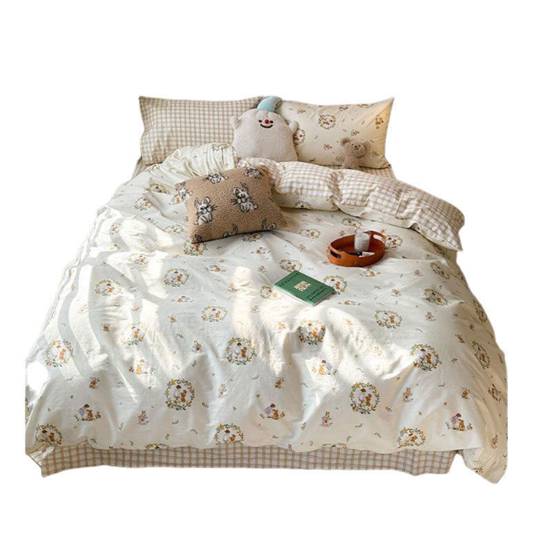 Juego de cama de cuatro piezas de algodón puro para dormitorio de estudiantes con funda nórdica y sábanas