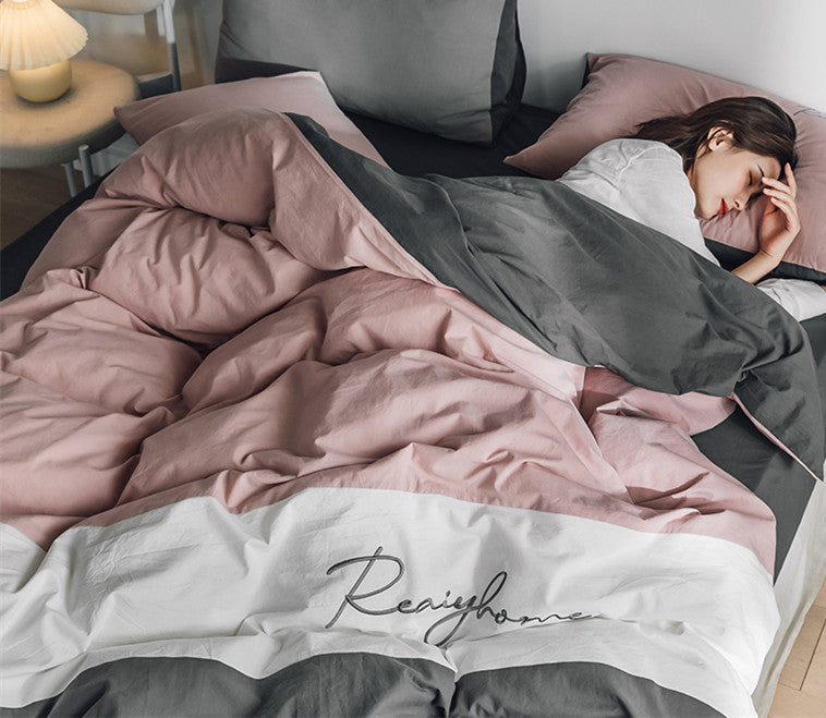Sábana de algodón lavado de cuatro piezas para cama doble individual