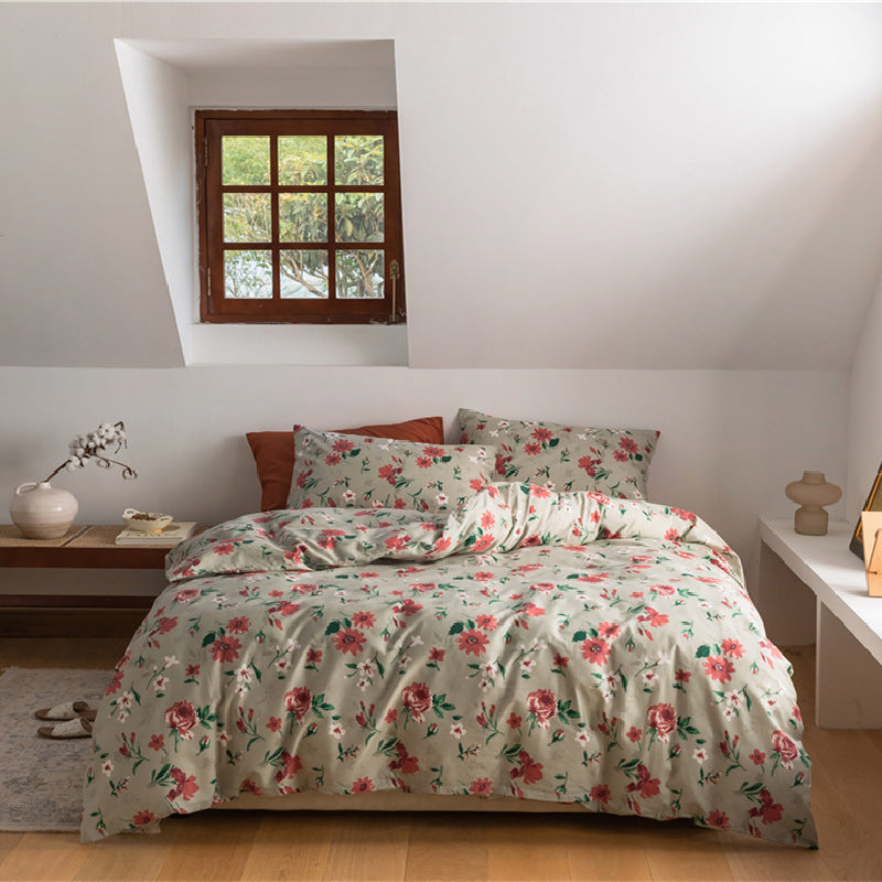Ensemble de quatre pièces de literie en coton à motif floral rétro coréen