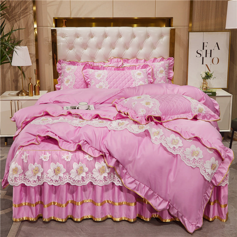 Falda de cama de encaje estilo princesa de Tencel, traje de cuatro piezas