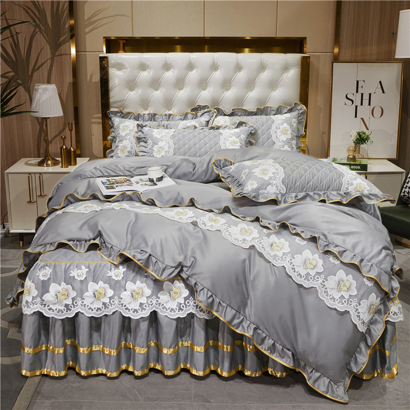 Falda de cama de encaje estilo princesa de Tencel, traje de cuatro piezas