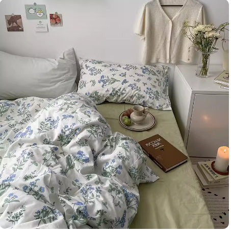 Juego de cama de algodón con estampado floral pequeño, estilo coreano, cuatro piezas