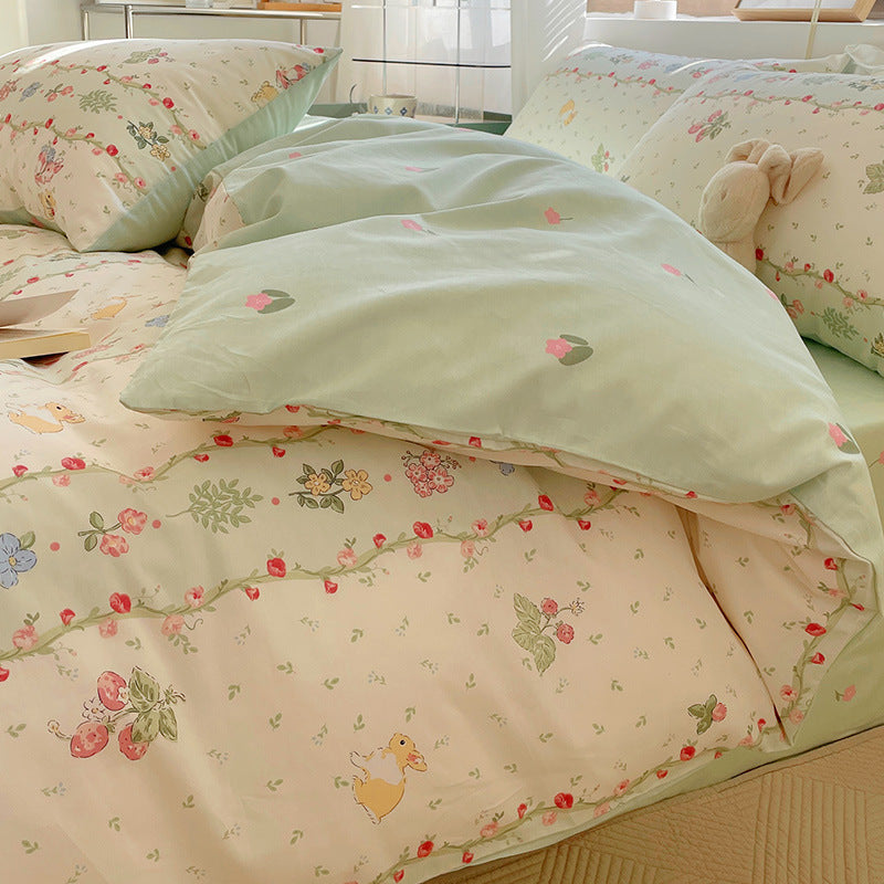 Juego de cama de cuatro piezas de algodón puro para dormitorio de estudiantes con funda nórdica y sábanas