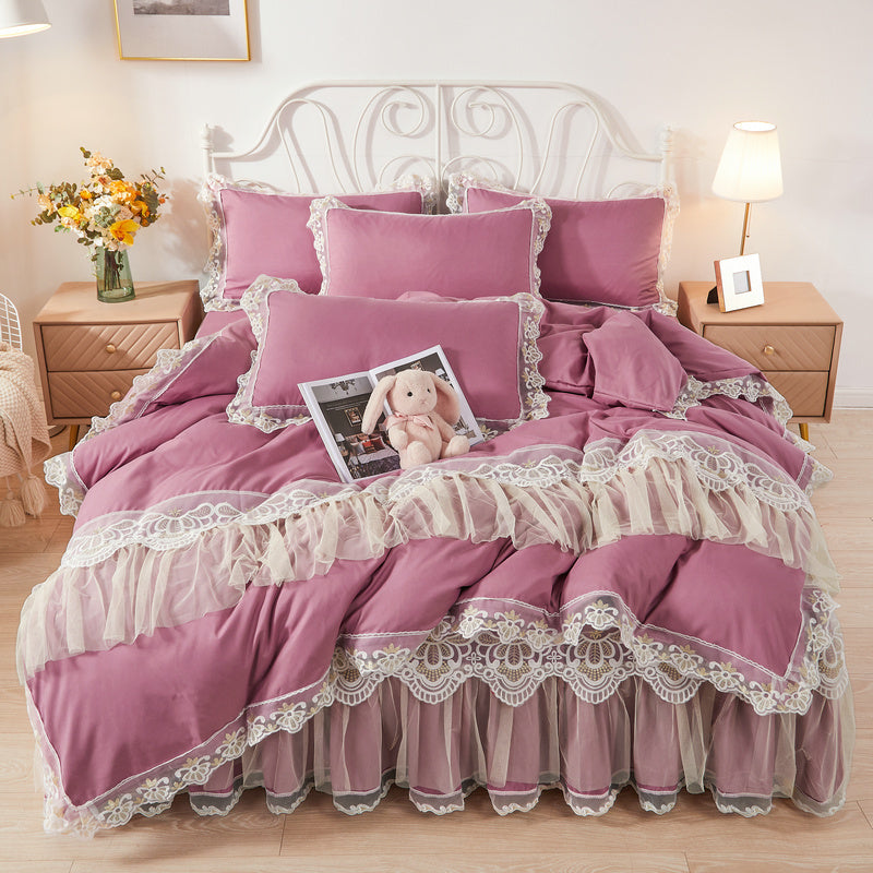 Falda de cama estilo coreano de princesa con diseño de viento, funda nórdica de encaje de cuatro piezas, colcha