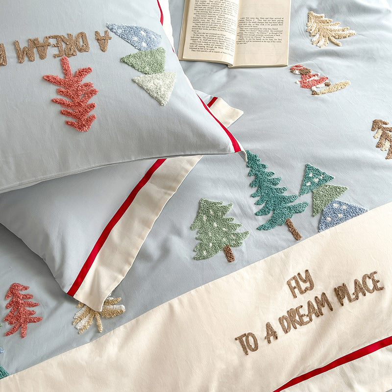 Toalla tridimensional bordada de algodón lijado de cuatro piezas estilo dibujos animados otoño e invierno engrosamiento de algodón para niños ropa de cama al por mayor