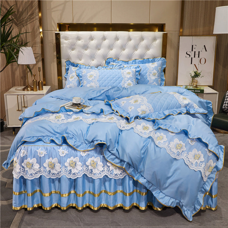 Falda de cama de encaje estilo princesa de Tencel, traje de cuatro piezas